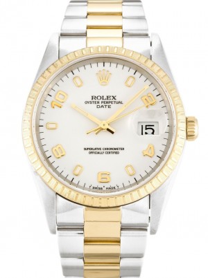rolex oyster perpetual date 34mm weißes zifferblatt 15223